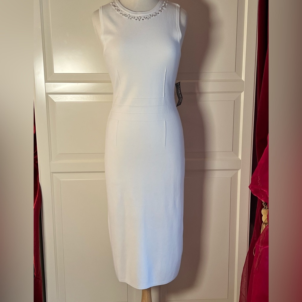 Eva Mendes for NY&co white tea length dress embellished neckline size medium